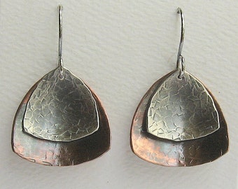 Multi Metal Earrings,Rustic Sterling Silver and Copper Textured Domed Dangle Earrings