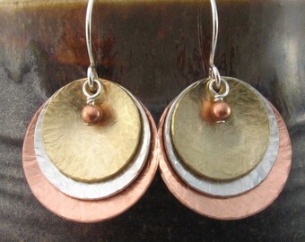 Mixed Metal Earrings - Concave Copper, Sterling Silver and Brass Textured /Hammered Earrings