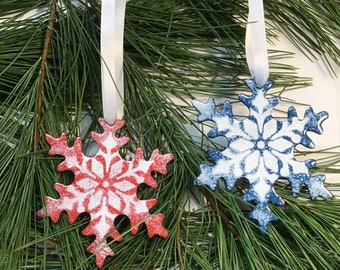 Snowflake Ornament, Hand stenciled, Kiln Fired, Available in Two Colors