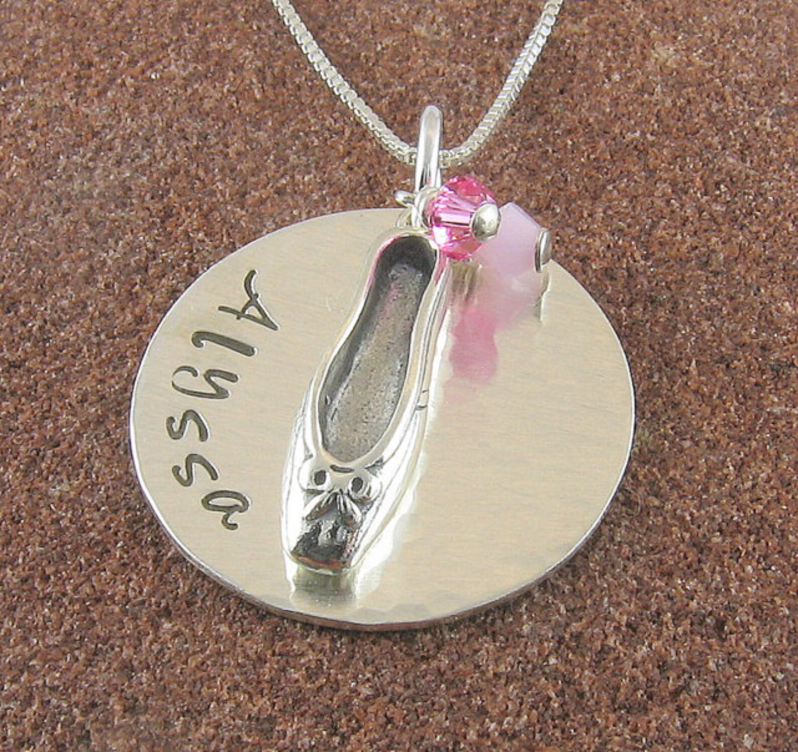 ballet necklace, sterling silver ballet slipper necklace hand stamped with any name and swarovski crystals