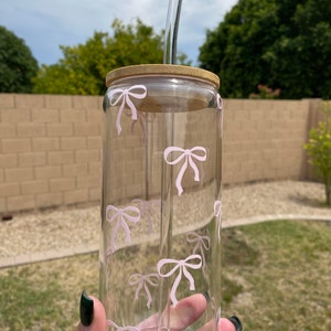 Pink bow tumbler, glass tumbler, valentines day gift, valentines day, aesthetic tumbler, gifts, coffee cup, pink tumbler, coffee, blue bow