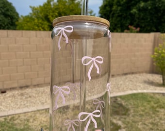 Cute bow tumbler, 16oz glass cups, valentines gift ideas, aesthetic tumbler, gifts for teens, cute tumbler