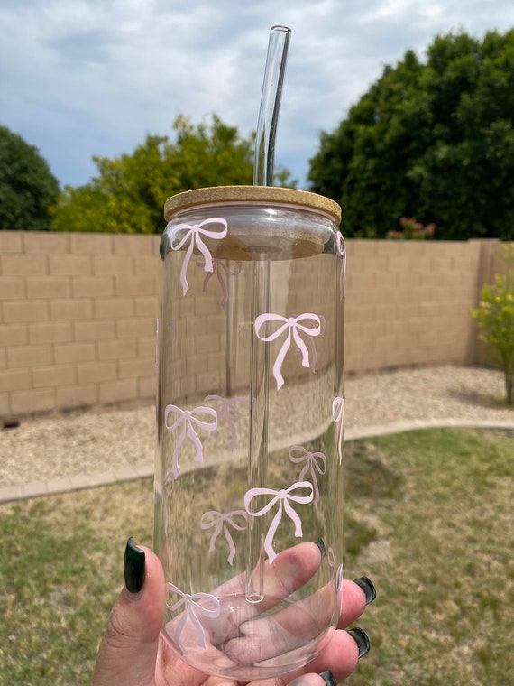 Cute bow tumbler, 16oz glass cups, valentines gift ideas, aesthetic tumbler, gifts for teens, cute tumbler