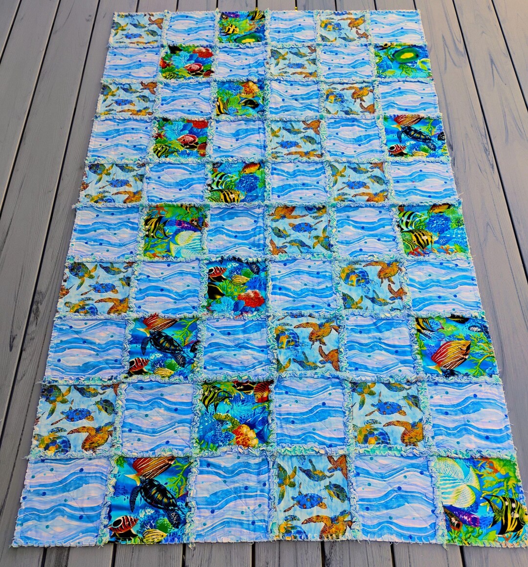 Fish Rag Quilt Under the Sea Tropical Fish and Sea Turtles Cotton Rag Quilt Blues and ...