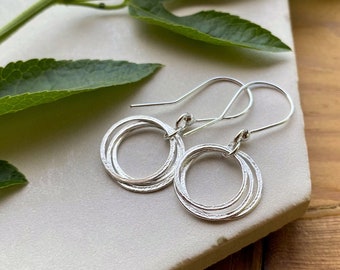 30th Birthday Earrings, Sterling Silver 3 Circles Small Hoops, Sparkly Textured Flat 3 Rings for 3 Decades, Elegant Birthday Gift for Her
