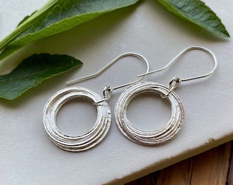 70th Birthday Earrings, Sterling Silver 7 Circles Small Hoops, Sparkly Textured Flat 7 Rings for 7 Decades, Elegant Birthday Gift for Her