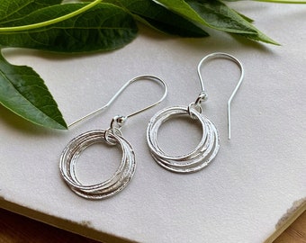 40th Birthday Earrings, Sterling Silver 4 Circles Small Hoops, Sparkly Textured Flat 4 Rings for 4 Decades, Elegant Birthday Gift for Her