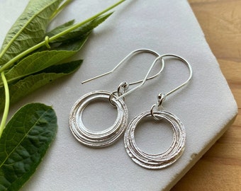 50th Birthday Earrings, Sterling Silver 5 Circles Small Hoops, Sparkly Textured Flat 5 Rings for 5 Decades, Elegant Birthday Gift for Her