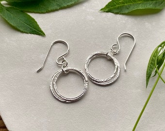 Sterling Silver Sparkly Textured Double Hoop Earrings, 5/8" Circle Dangle Drop Everyday Easy Minimalist Style, Milestone Matching Earrings