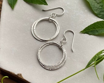 Sterling Silver Sparkly Textured Double Hoop Earrings, 7/8" Circle Dangle Drop Everyday Easy Style, Milestone Matching Earrings