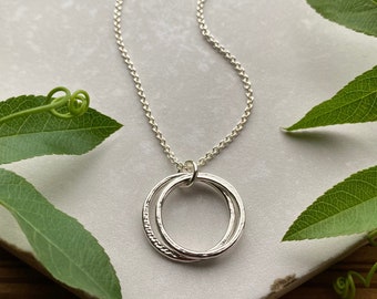 Sterling Silver Double Circle Necklace, 2 Handcrafted Circles Pendant, Friendship Connection Love Gift for Her or 20th Birthday, Anniversary