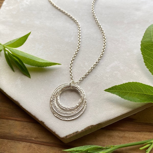 70th Birthday Necklace, Minimalist Sterling Silver Handcrafted  7 Circles Pendant on Elegant Chain, 7 Rings 7 Decades