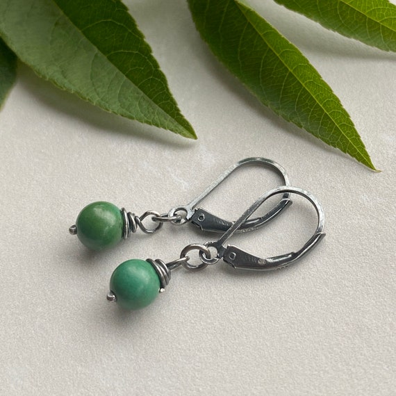 Olive Green Dyed Turquoise Lever Back Earrings