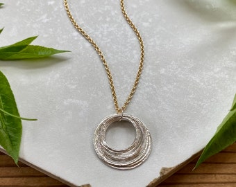 9 Circle 90th Minimalist Mixed Metal Milestone Birthday Necklace, Nine Rings for 9 Decades Handcrafted Perfectly Imperfect 9 Circle Pendant