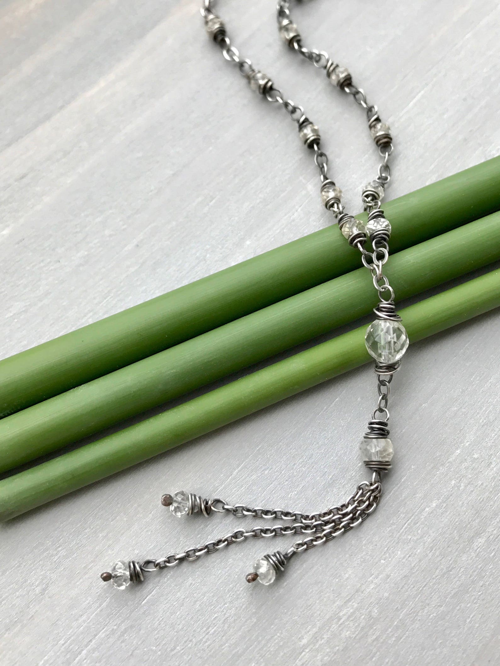 Crystal Y Necklace Sterling Silver Beaded Chain Quartz Etsy