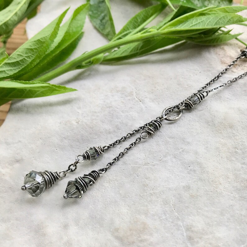 Bohemian Elegant Lariat Elegant Boho Chic Gift for Her Silver Crystal Beaded Lariat Necklace Sterling Silver Lariat