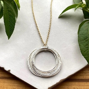 Silver & Gold 80th Necklace - Large Circles Pendant with 8 Rings for 8 Decades with Shimmer Texture, Birthday Gift for Woman turning 80