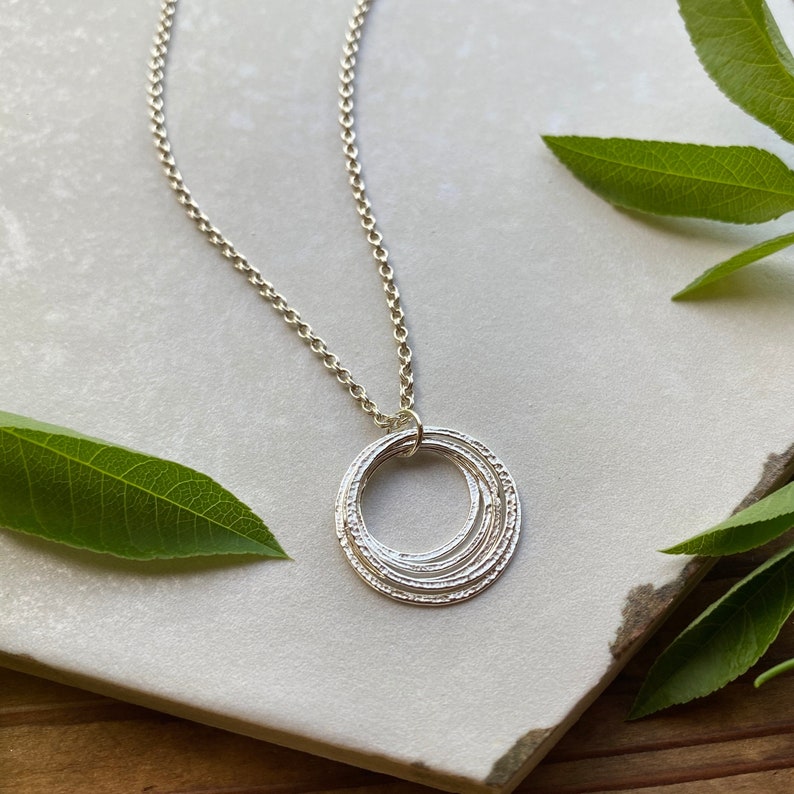 50th Birthday Necklace, Handcrafted Sterling Silver 5 Circles Pendant on Elegant Chain, Decade Birthday Jewelry, 50th Gift for Sister Friend image 2