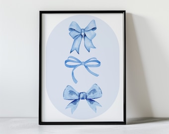 Coquette Printable Blue Bows Wall Decor | Preppy Girly, Balletcore Wall Art, Trendy Bows Poster, Soft Girl Aesthetic, Blue Nursery Art Print