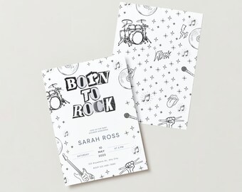 Könnte beinhalten: Eine schwarz-weiße Babyparty-Einladung im Rock'n'Roll-Stil. Die Einladung lautet "Born to Rock" und zeigt ein Schlagzeug, ein Mikrofon, eine Gitarre und einen Plattenspieler. Die Einladung enthält außerdem den Text: "Feiern Sie mit uns unsere Babyparty zu Ehren von Sarah Ross, Samstag, 10. Mai 2023, um 15:00 Uhr, 123 Anywhere At, Any City, RSVP 123-456-7890".
