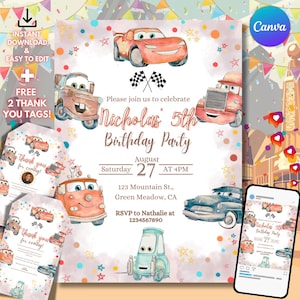 Convite de aniversário de carros, aquarela editável, modelo para celular Canva, convite para festa McQueen Lightning para meninos, convite para festa de meninos, etiqueta para festa
