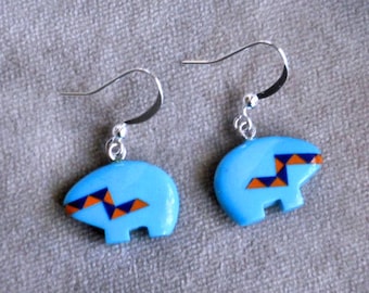 Southwestern Turquoise Composite Zig Zag Inlay ZUNI BEAR Earrings #0202zz2