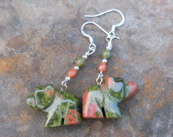 Unakite Carved Bear Charm Fetish Animal Earrings #0423B3