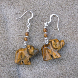 Tiger's Eye Carved Bear Charm Fetish Animal Earrings #0422B7