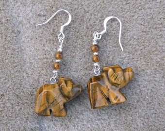 Tiger's Eye Carved Bear Charm Fetish Animal Earrings #0422B7