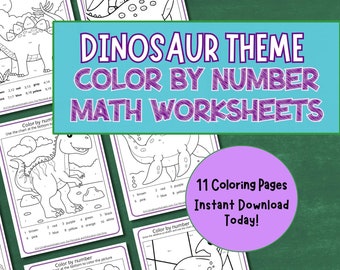 Dinosaur Color By Number Printable Math Activities for Kindergarten 1st 2nd Grade Addition Worksheet Bundle Dino Coloring Pages Homeschool