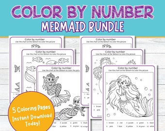 Mermaid Color By Number Printable Math Activities Kindergarten 1st 2nd Grade Addition Worksheet Bundle Ocean Theme Coloring Pages Homeschool