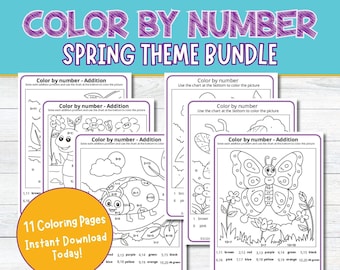 Spring Theme Color By Number Printable Math Activities Kindergarten 1st 2nd Grade Addition Worksheet Bundle Easter Coloring Pages Homeschool