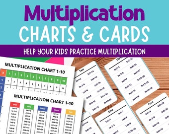 May include: A set of colorful multiplication charts and cards for kids to practice multiplication facts. The charts are numbered 1-10 and the cards feature multiplication problems from 1x1 to 12x12.