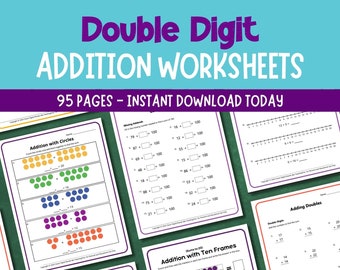 May include: A set of printable double-digit addition worksheets for kids. The worksheets feature different methods for learning addition, including circles, number lines, ten frames, and adding doubles. The worksheets are colorful and engaging, and they are perfect for helping kids learn to add double-digit numbers.