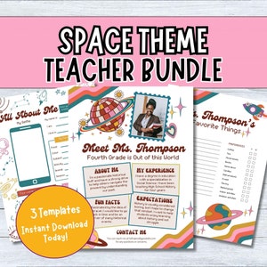 Paquete imprimible para maestros con tema del espacio exterior Conozca al maestro Plantilla de Canva Encuesta sobre cosas favoritas Actividad todo sobre mí Primer día de clases
