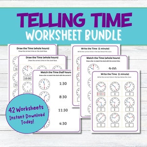 Op de afbeelding: Een set van 42 printbare werkbladen om kinderen te leren hoe ze de tijd kunnen vertellen. De werkbladen bevatten verschillende klokgezichten en activiteiten, waaronder het tekenen van wijzers op klokken, het matchen van klokken met de juiste tijd en het schrijven van de tijd in digitaal formaat. De werkbladen zijn ontworpen voor directe download.