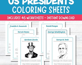 Può includere: Un set di 46 fogli da colorare stampabili con illustrazioni in bianco e nero di presidenti degli Stati Uniti. Ogni foglio include una frase sul presidente da tracciare e colorare. I presidenti presentati sono Franklin D. Roosevelt, Barack Obama, Abraham Lincoln, Ronald Reagan, George Washington e George W. Bush.