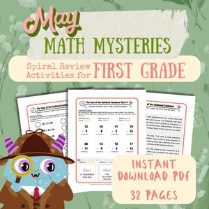 May include: A printable set of 32 first grade maths mystery worksheets. The worksheets feature a detective theme and include a variety of maths problems. The worksheets are designed to help students practise their maths skills in a fun and engaging way.