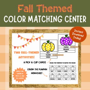 May include: Fall-themed color matching center with 8 pick and clip cards and a color the pumpkin worksheet. The cards feature pumpkins with different colors and the worksheet has outlines of pumpkins to be colored in.