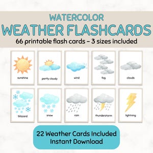 Flashcards météo pour enfants | Cartes d'apprentissage à l'aquarelle