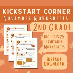 November Second Grade Kickstart Corner Halloween Printable Worksheet Bundle for Kids Fall Theme Morning Work Homeschool Math Resource