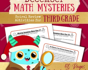 Op de afbeelding: Een digitale download van 40 pagina's met wiskunde-mysterie-werkbladen voor de derde klas, met een sneeuwpop met een ontbrekende neus. De werkbladen zijn ontworpen voor december en bevatten een cartoon-monsterdetective met een vergrootglas.