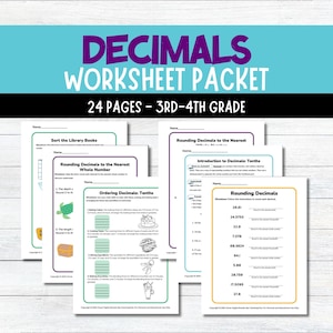 Può includere: Un set di fogli di lavoro stampabili per studenti di terza e quarta elementare per esercitarsi ad arrotondare i decimali al numero intero e al decimo più vicini. I fogli di lavoro presentano illustrazioni colorate di una tartaruga, una torta e un frullato.