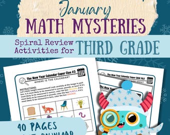 Op de afbeelding: Een printbaar werkblad voor rekenen in groep 3 met een winterthema. Het werkblad toont een monster met een vergrootglas en de tekst "The New Year Calendar Caper Clue #3".
