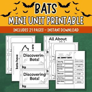 Puede incluir: Actividad educativa imprimible en blanco y negro para niños sobre los murciélagos. La imprimible incluye una página de título que dice "Bats Mini Unit Printable" e incluye 21 páginas. La imprimible también incluye una página que dice "All About Bats!" con una ilustración de murciélago y una lista de datos sobre los murciélagos.
