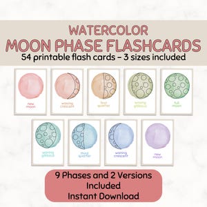 Moon Phase Flashcards for Kids | Watercolor Space Learning Cards