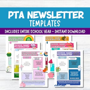 Pacote de modelos editáveis do Canva para boletim informativo PTA PTO, folhetos para impressão da associação de pais e professores, calendário de eventos escolares, anúncios anuais