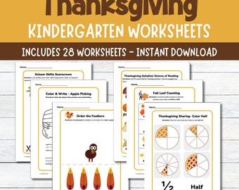 May include: A set of 28 Thanksgiving-themed kindergarten worksheets. The worksheets include activities such as scissor skills, color and write, counting, and ordering. The worksheets are designed to help children learn about Thanksgiving and practice important skills.