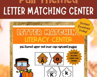 Actividad imprimible de emparejamiento de letras del alfabeto con temática de otoño, letras mayúsculas y minúsculas, actividad para niños pequeños, preescolares y jardín de infantes.