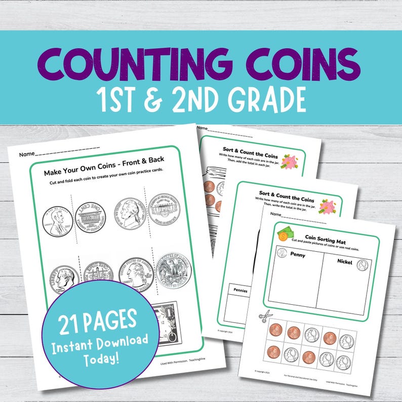1st-2nd Grade Counting Coins Activities | Print & Go Worksheets - Etsy